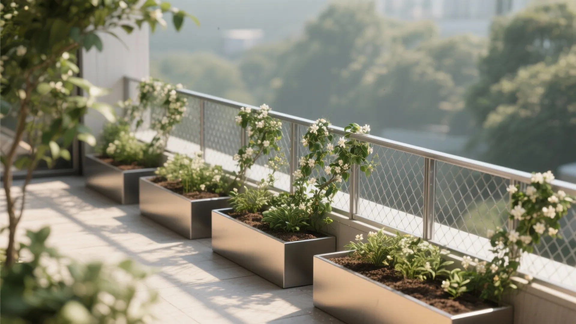 Stainless mesh railing with base planters and climbing jasmine, keeping the upper view band open.