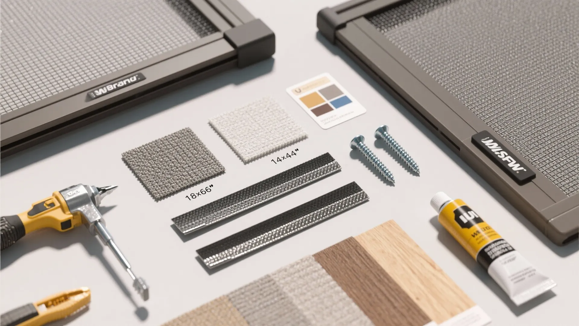 Screen door mesh samples and tools including screws glue and wood swatches for home design