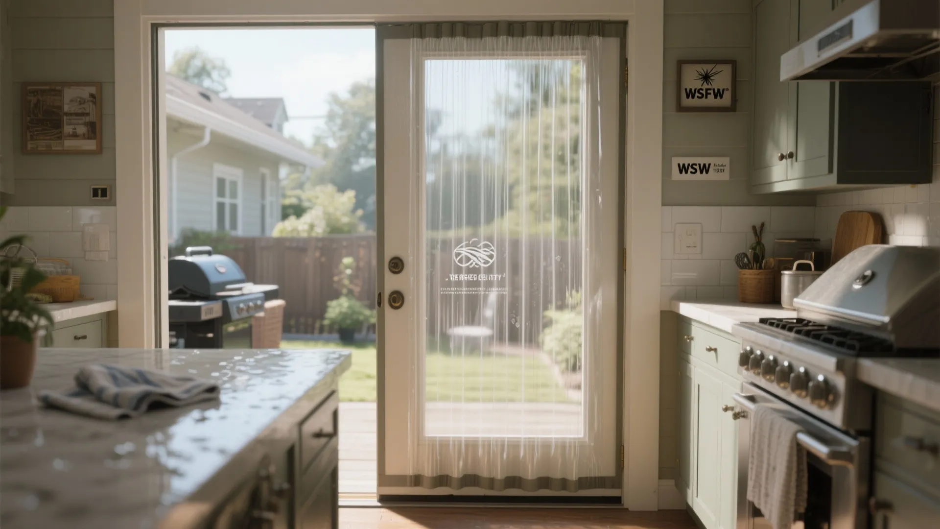 A glass kitchen door with a white curtain leading to an outdoor backyard with grill
