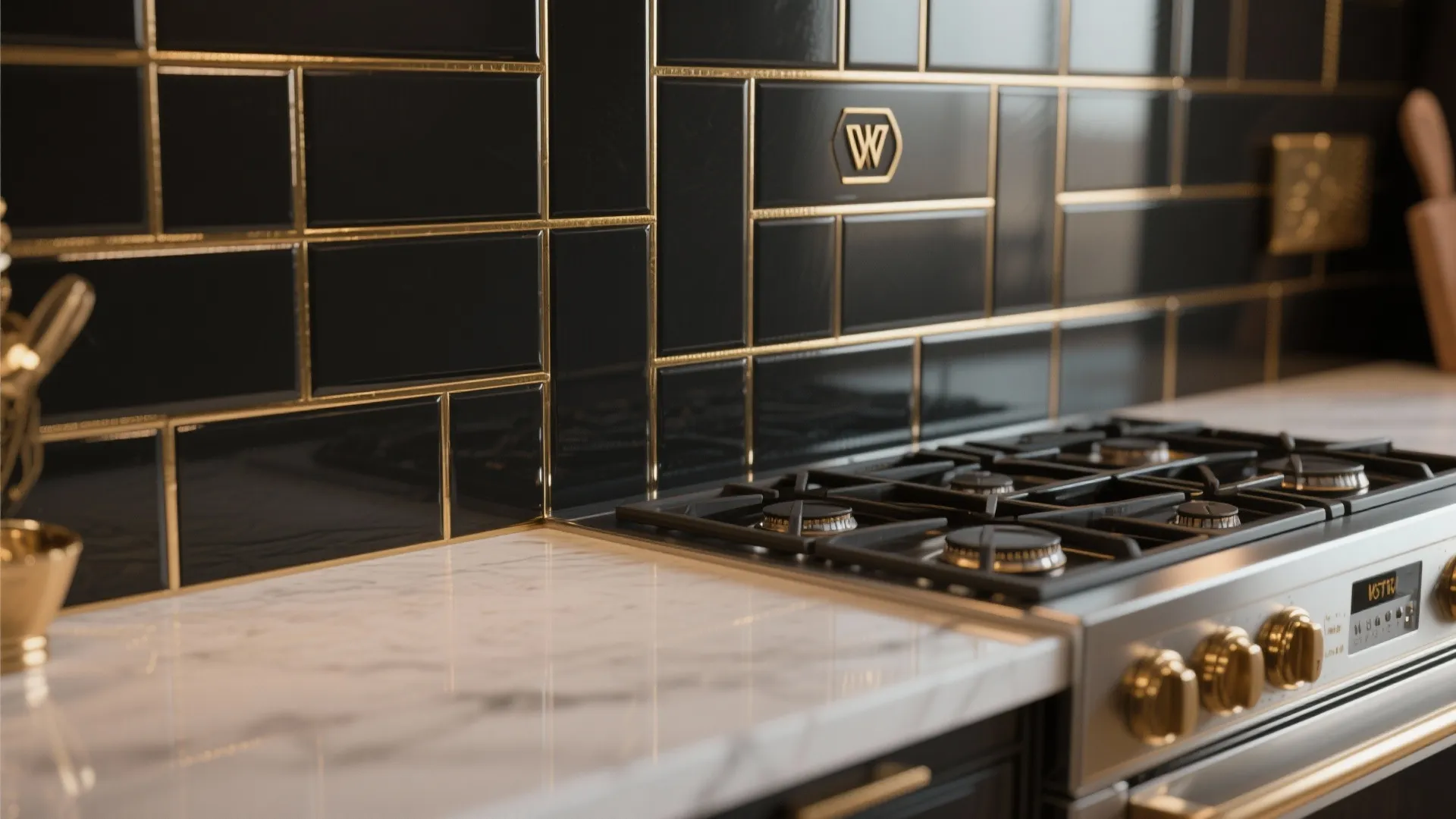 Close up of black wall tiles with gold metal lines and gas stove burner knobs
