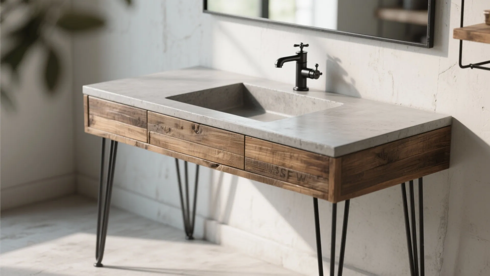 4. Metal-accented rustic vanity with thin countertop