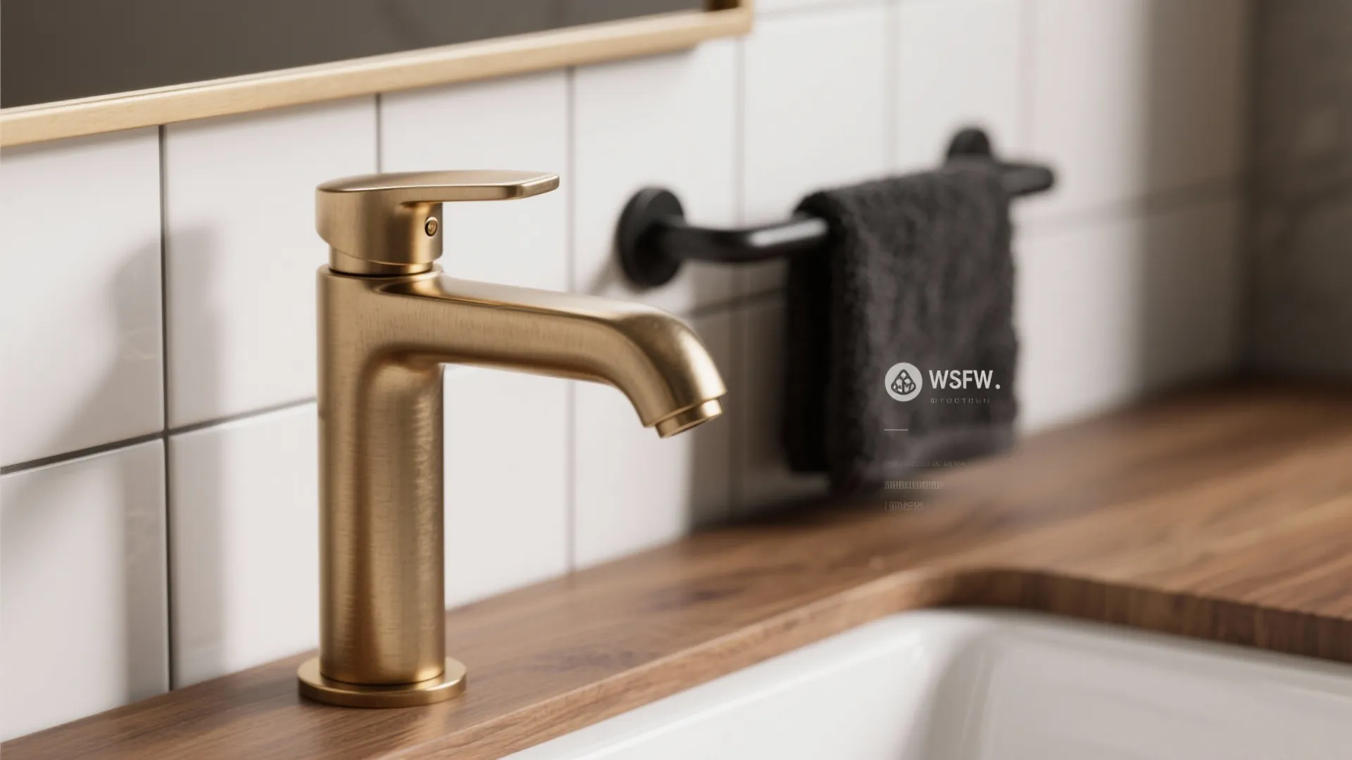 Brushed brass faucet and matte black towel bar on a warm wood vanity with white tiles