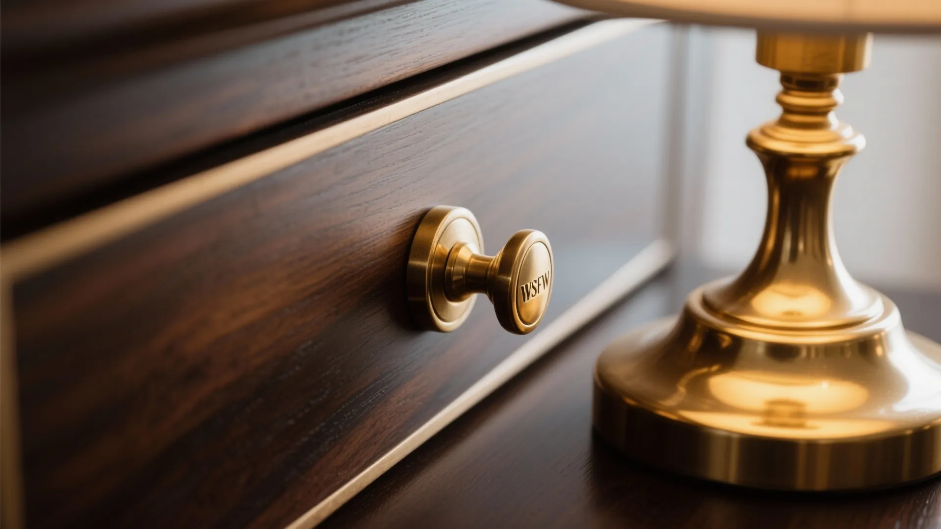 Close up of dark wood cabinet drawer with gold handle next to gold light fixture