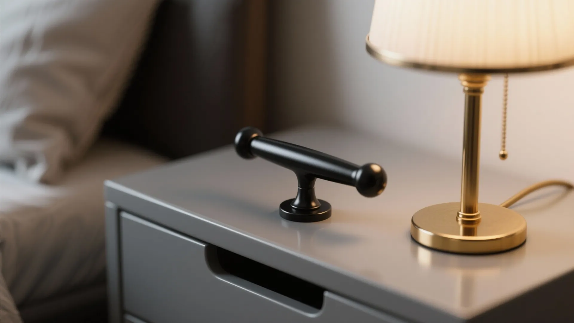 Macro view of matte black handle and brass lamp on gray furniture showing material contrast