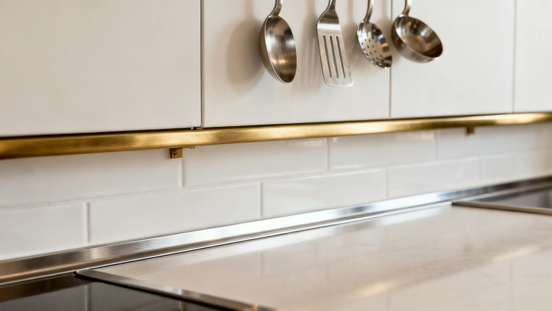 Close up of white wall tiles with gold metal trim and hanging silver kitchen tools