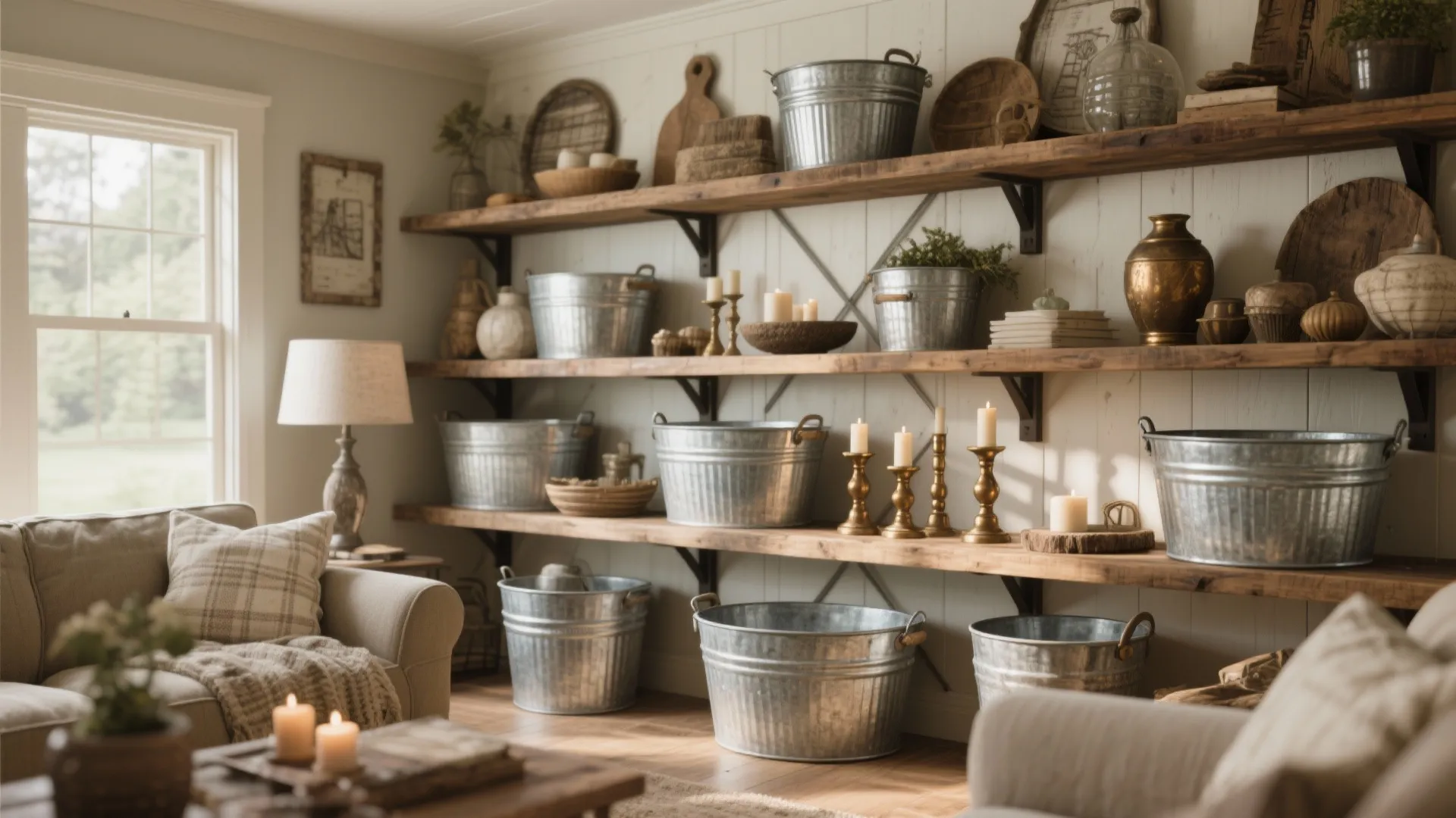 Living room wooden wall shelves with metal buckets candles and vases next to a beige sofa