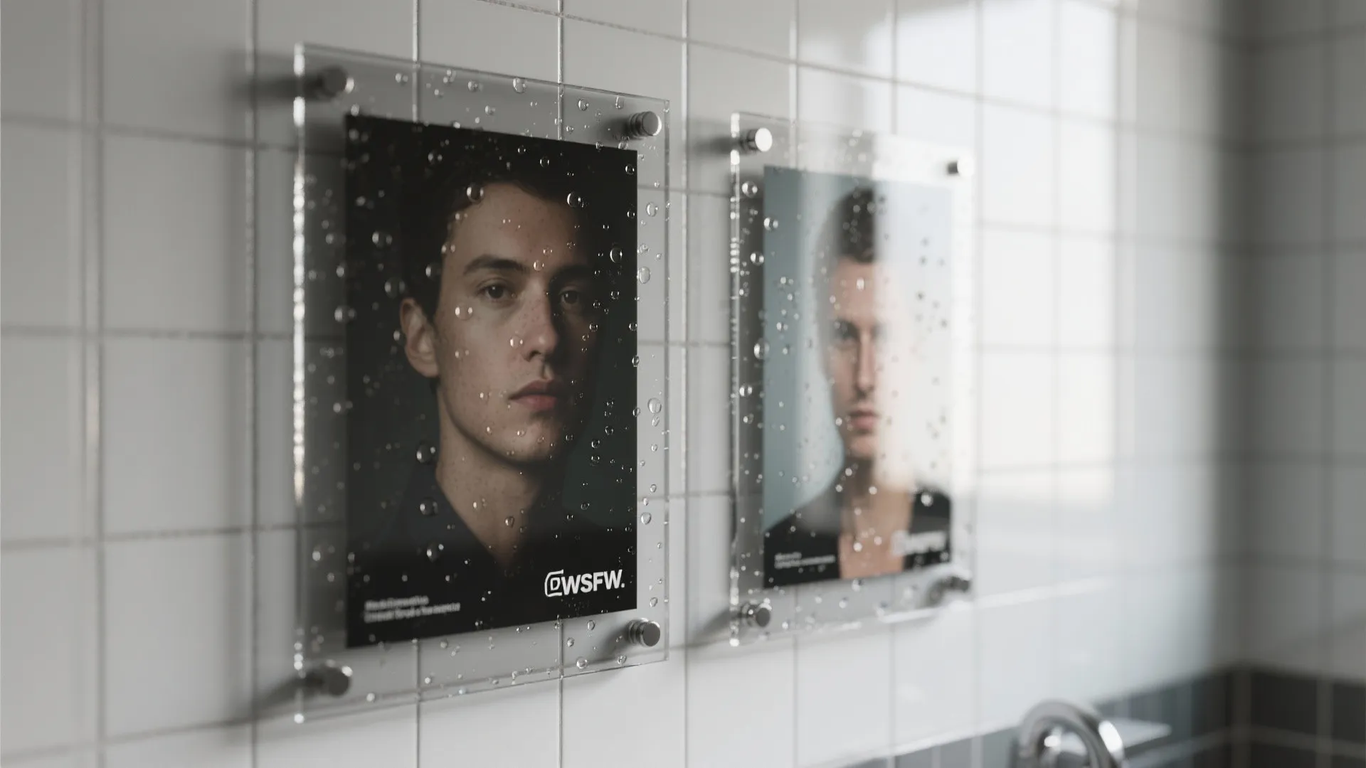 Two acrylic photo prints on a white tiled wall showing portrait photos with many droplets