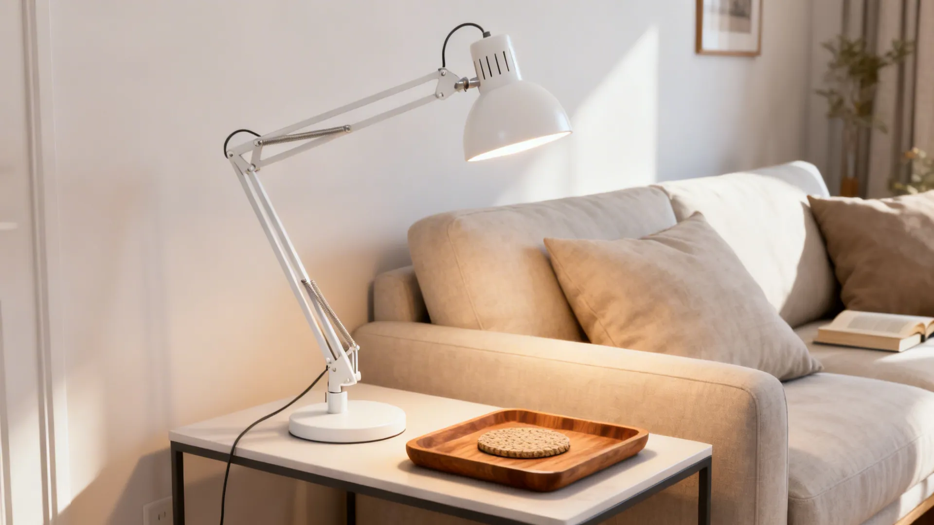 White metal adjustable arm lamp on a side table with wooden tray and textured coaster.