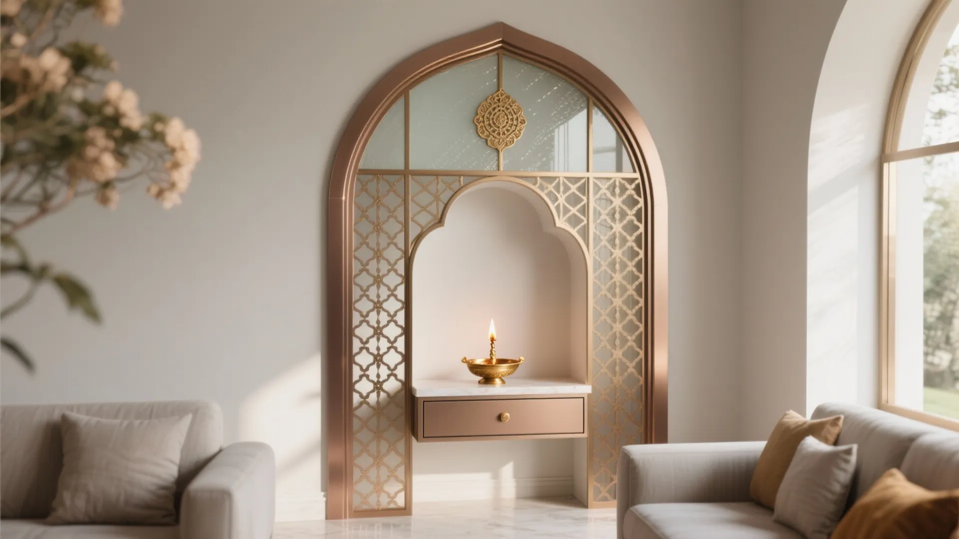 Modern living room featuring metal wall arch with small candle and comfortable grey sofas nearby