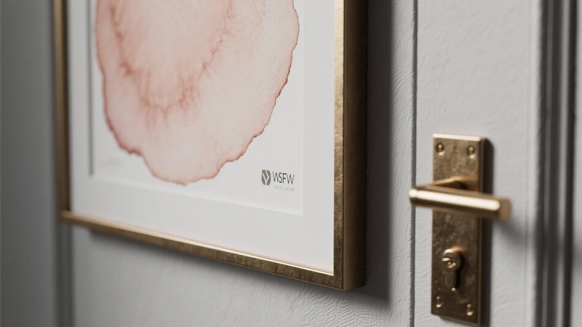 Brushed brass hardware and a soft watercolor print with a blush wash on a black-and-white wall.