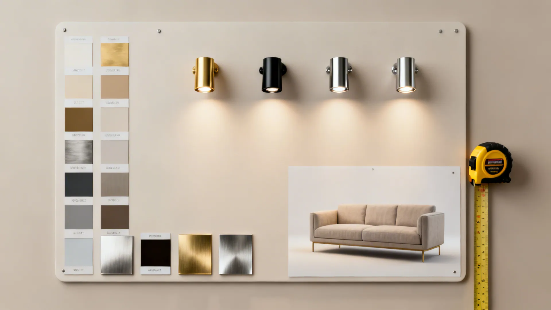Flatlay moodboard showing lighting, paint swatches and metal finish samples for wall art planning.