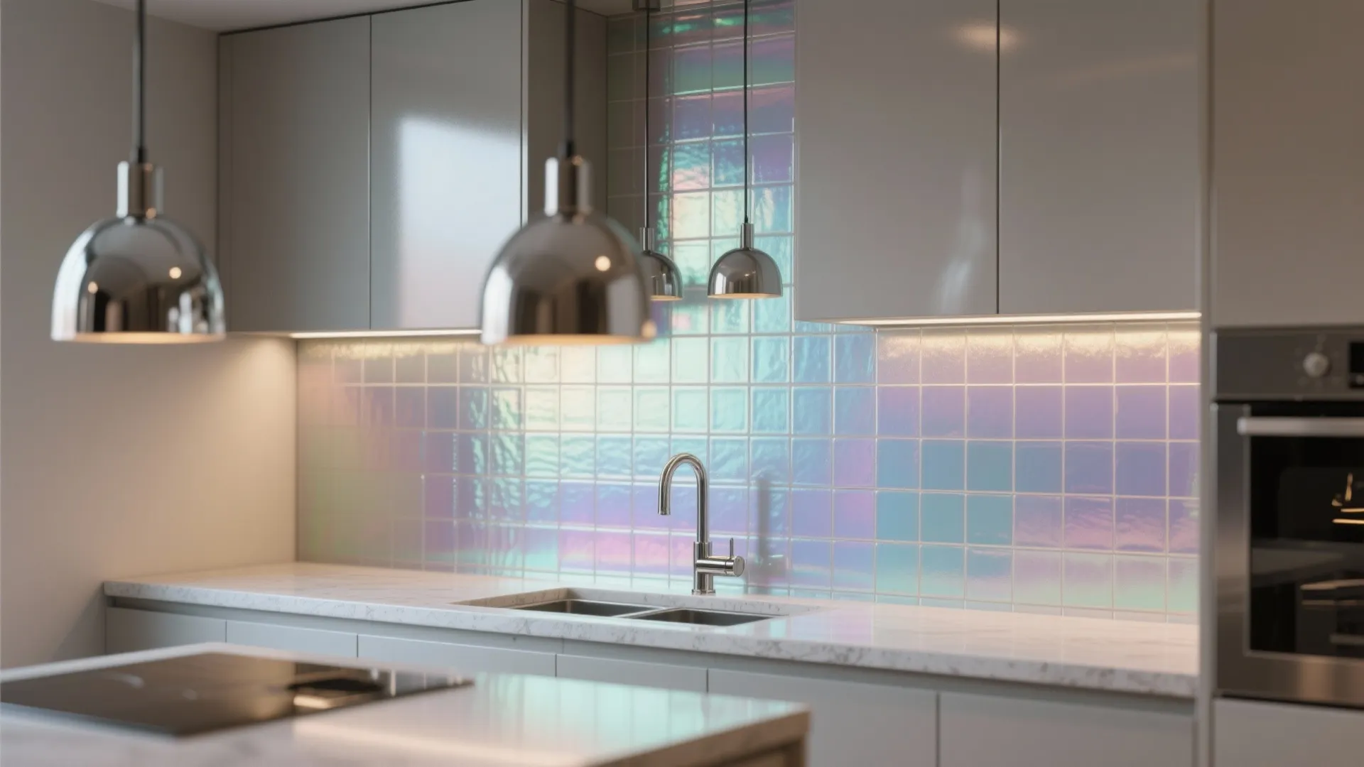 Small kitchen with a sealed iridescent metallic backsplash and neutral cabinetry for a luxe look.