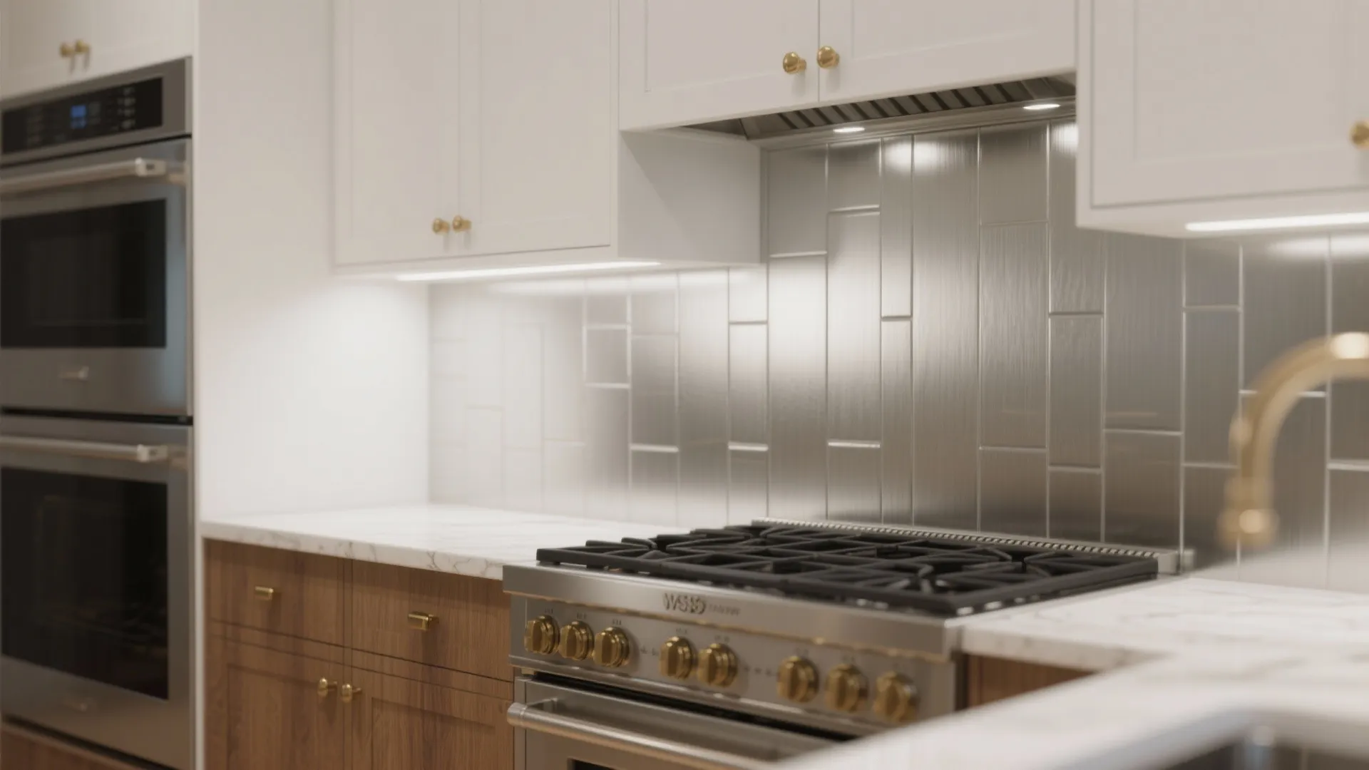 Modern kitchen featuring metal tile wall panel with white cabinets and stainless steel stove range