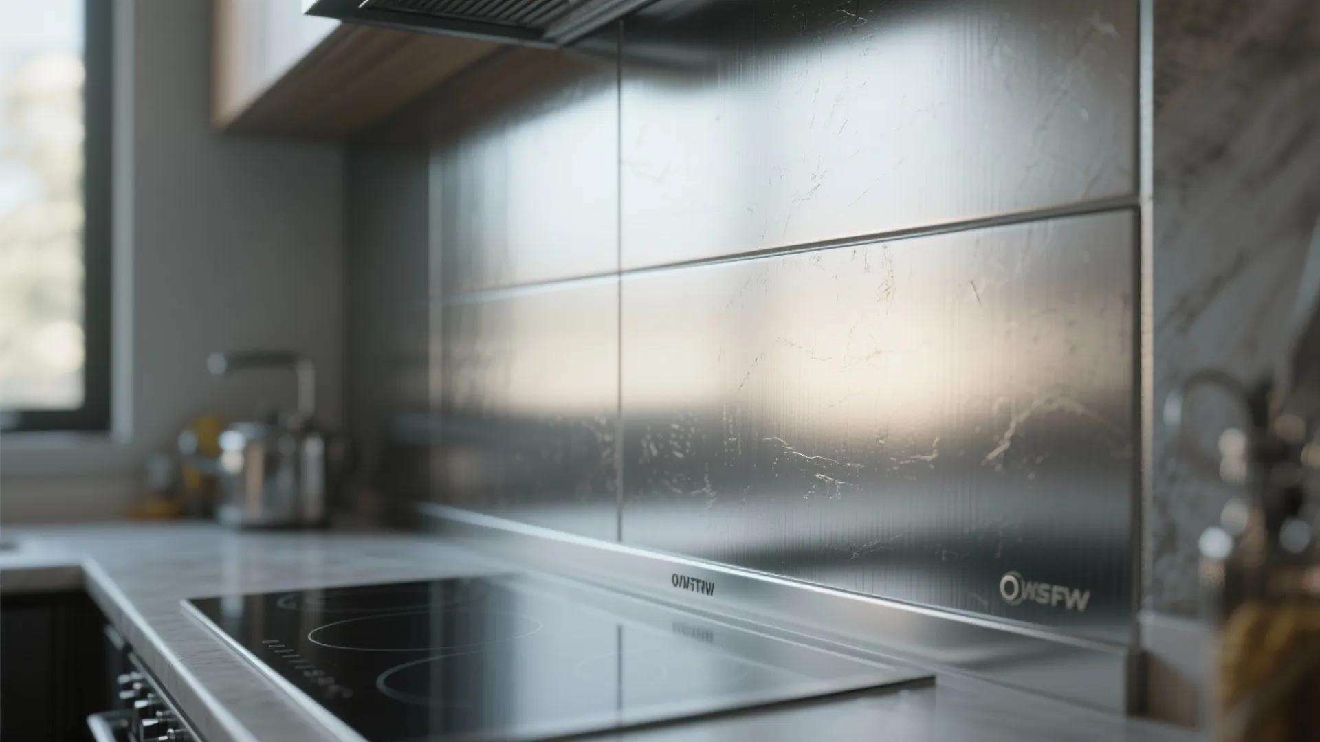Modern kitchen with black electric stove top and shiny silver metal wall tiles behind counter