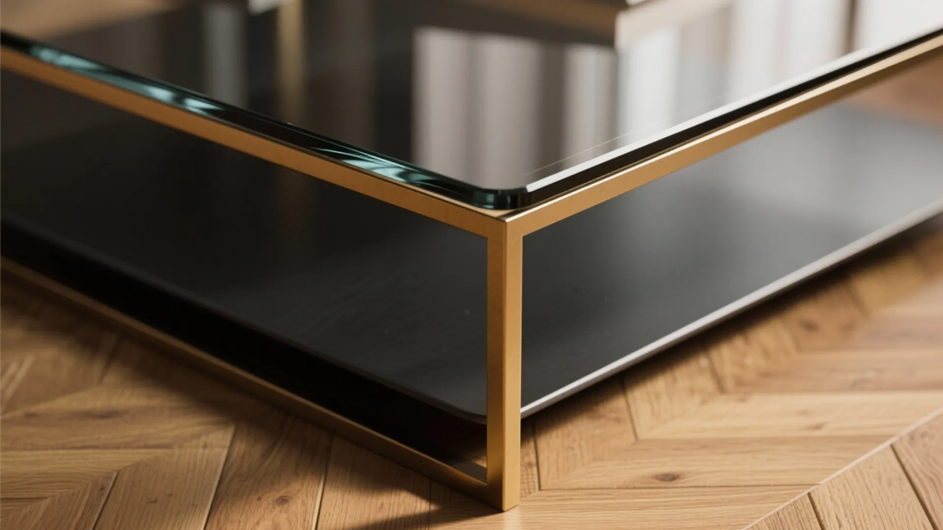 Close-up of a tempered glass tabletop meeting a slim brushed metal base showing texture and contrast.