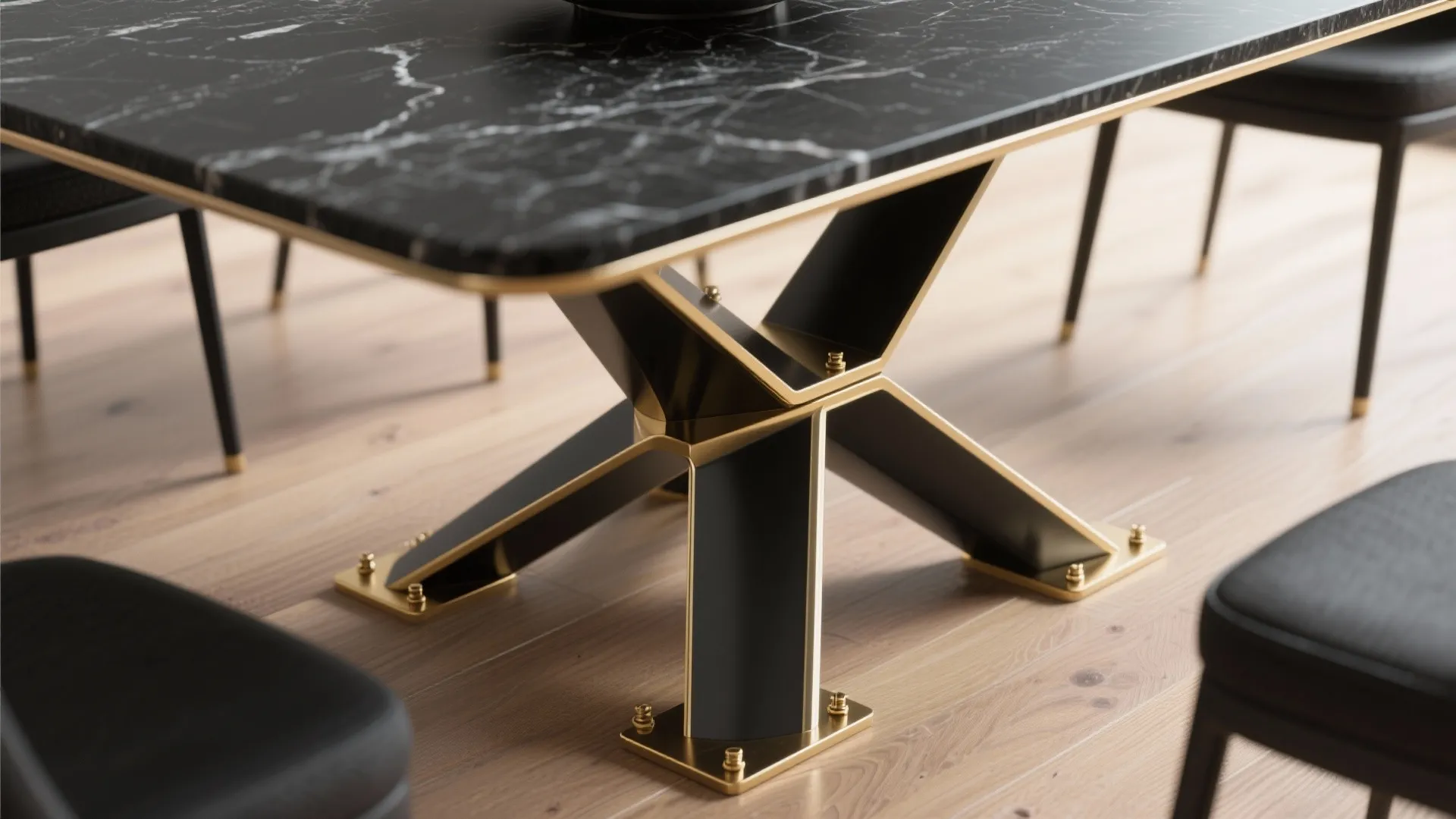 Close view of a slim brass metal base supporting a black granite tabletop.