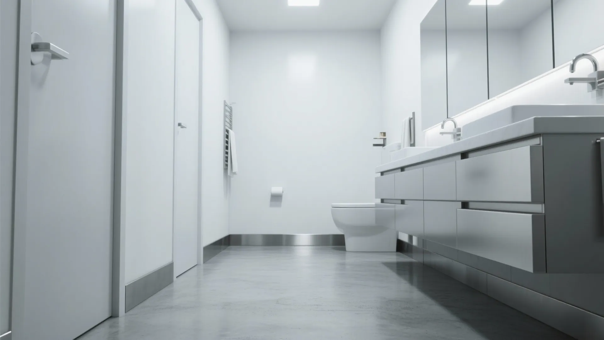 Modern white bathroom with metal baseboard, grey floor, large cabinet, mirror, and a simple toilet