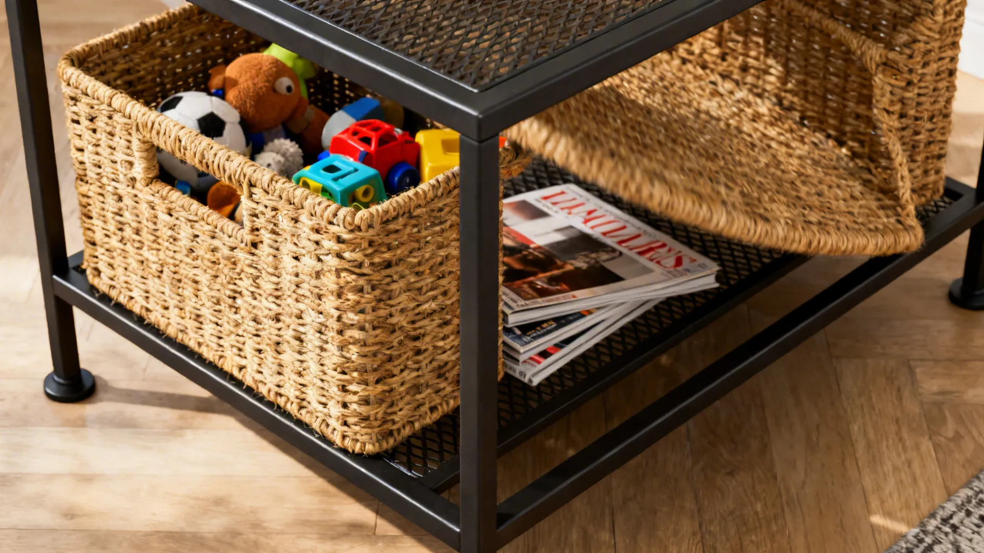Metal frame end table with a removable woven basket lifted out holding magazines and toys.