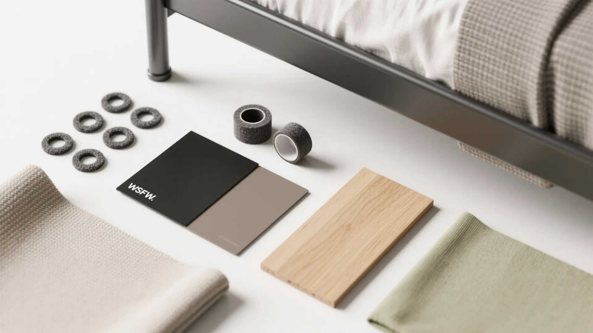 Mood board showing fabric swatches wood panel metal bed frame and grey color palette samples