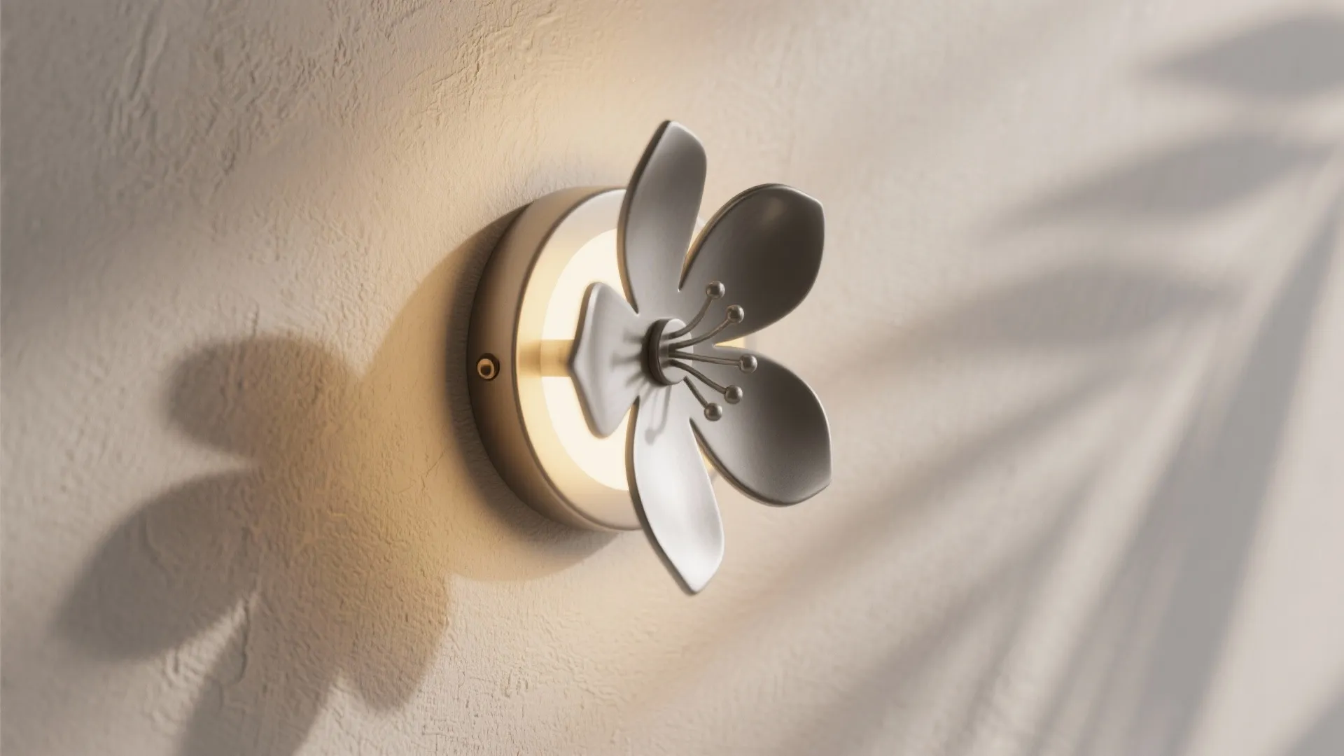 Minimal matte metal blossom sconce with soft LED halo casting delicate shadows