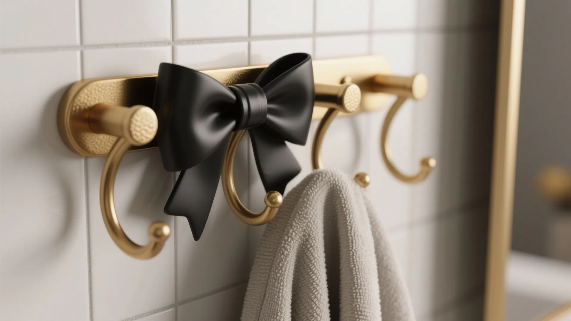 Gold wall hooks on white tiles with decorative black bow and grey towel hanging from them