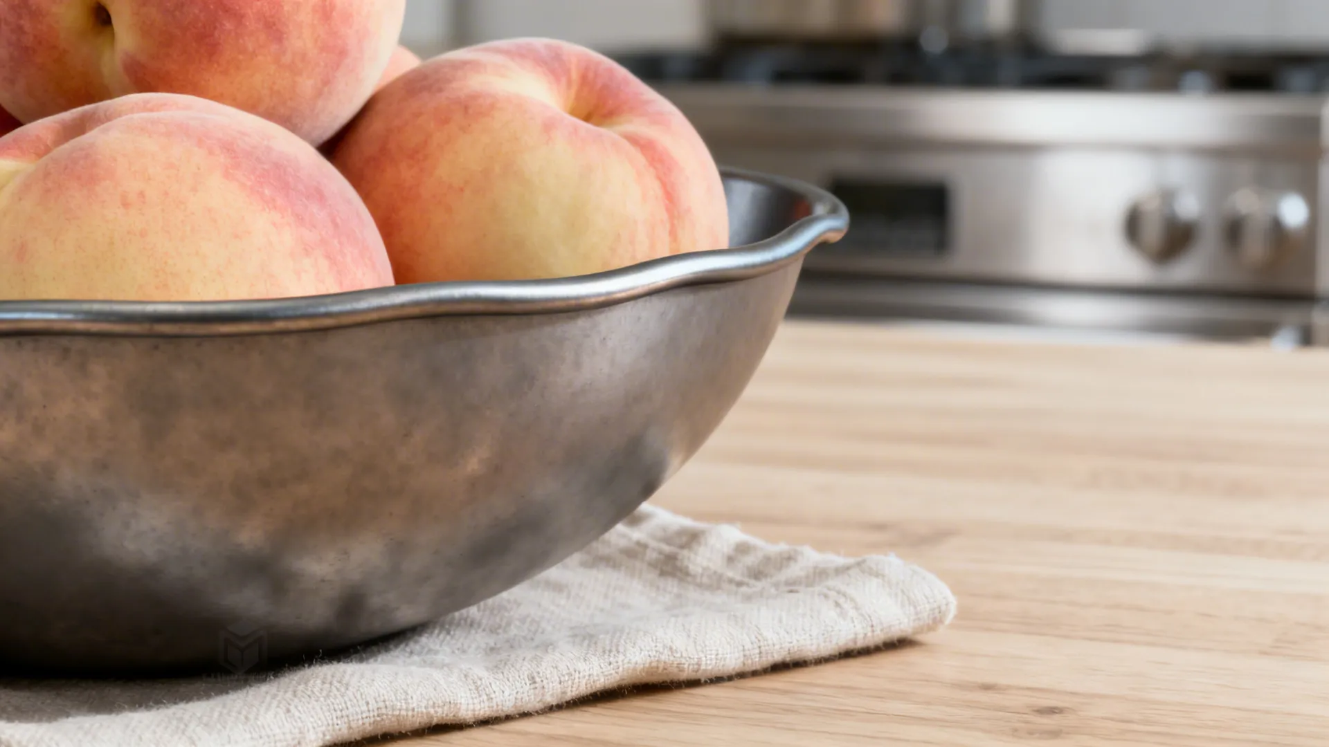 Macro of a rolled-edge matte metal bowl rim with peaches and a linen pad.