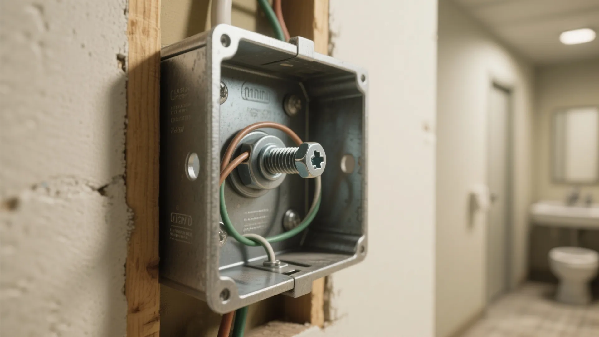 Square metal electrical box fixed to wood stud with wires and central screw inside wall
