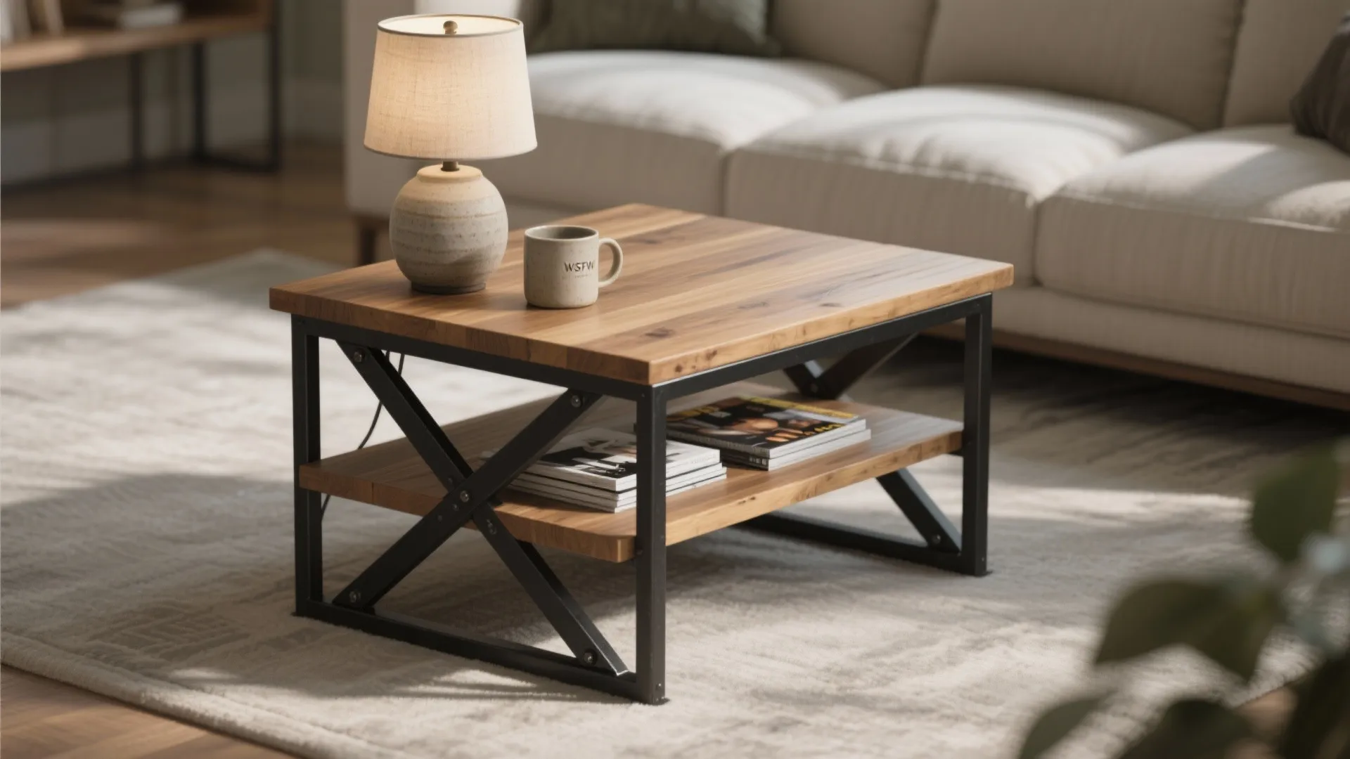 4. Metal-Braced Plank Table with Lower Shelf