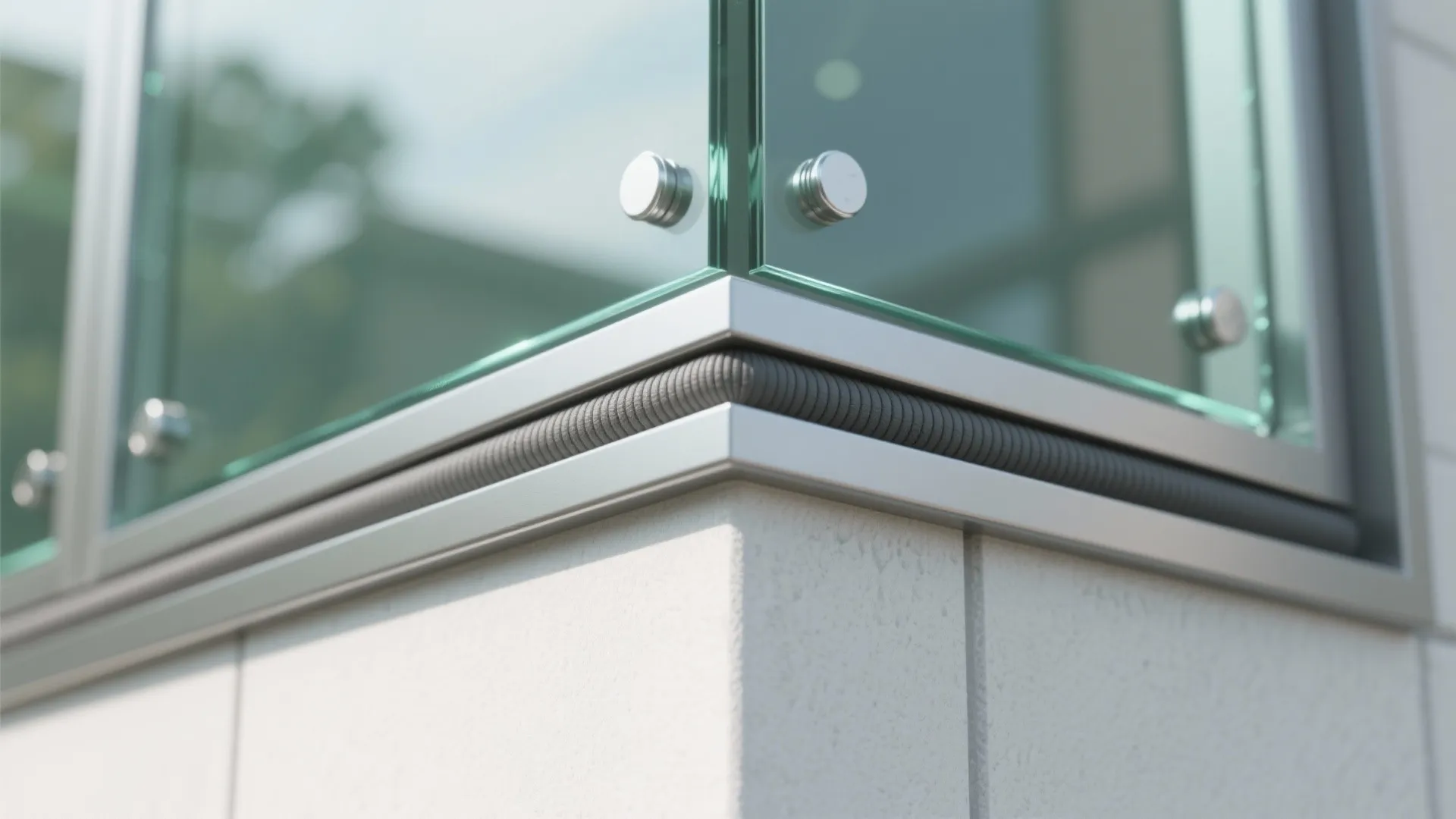 Close up of glass balcony railing with metal fixings and grey base on a white wall