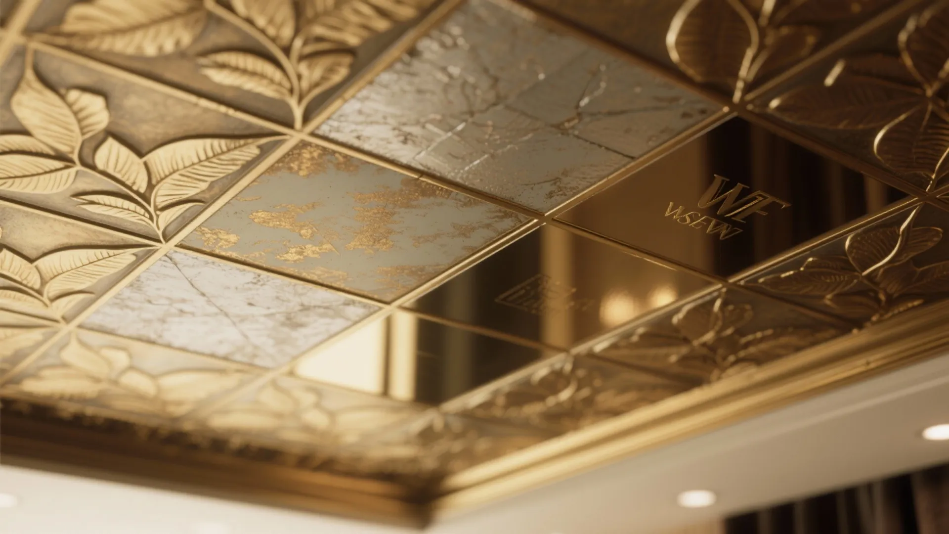 Close up view of golden ceiling tiles with leaf patterns and shiny metallic surface textures