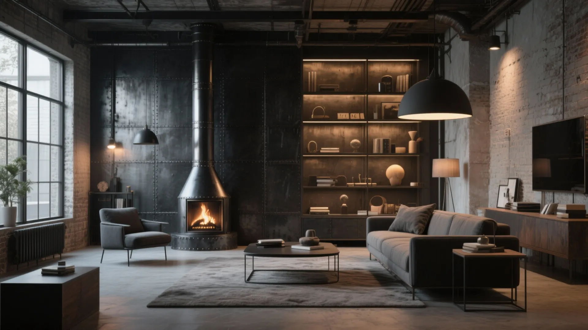 Modern dark living room with metal wall panels, fireplace, grey sofa, bookshelf and large windows