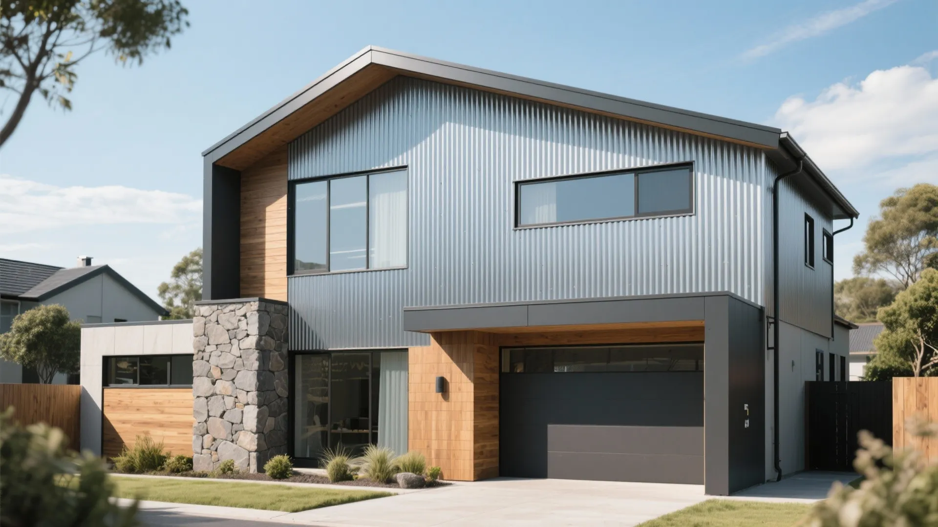 Two story modern home with shiny metal siding wood accents stone wall and grey garage