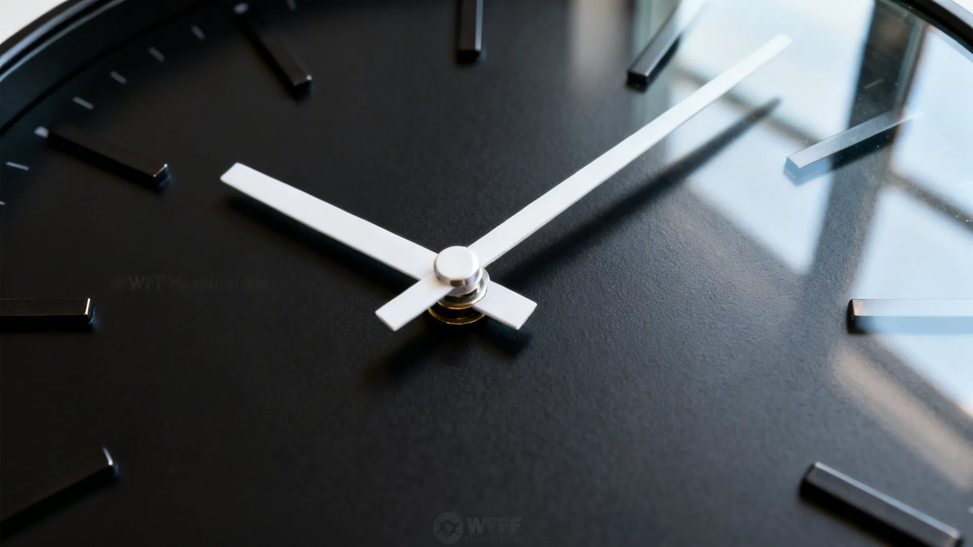 Macro of matte black clock with crisp white hands and anti-reflective glass.