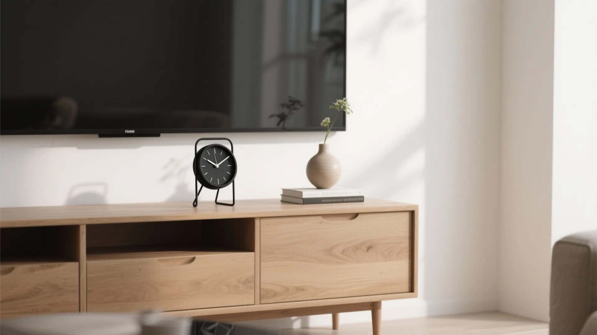 1) Minimalist metal clock for a calm, modern vignette