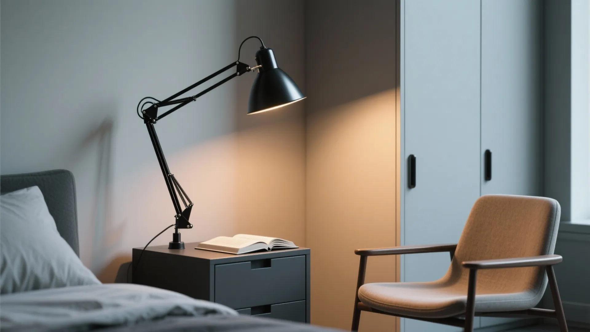 Modern bedroom with black adjustable desk lamp on bedside table next to a cozy armchair