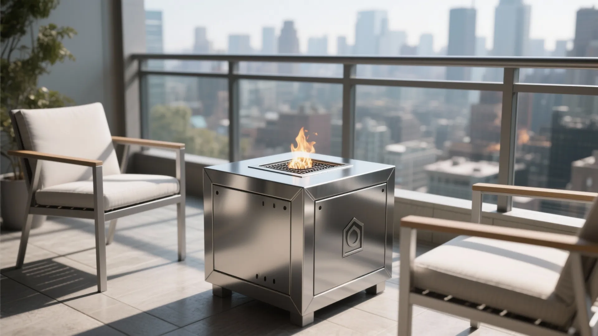 Compact powder-coated metal cube fire table with a shallow stainless burner on a city balcony.