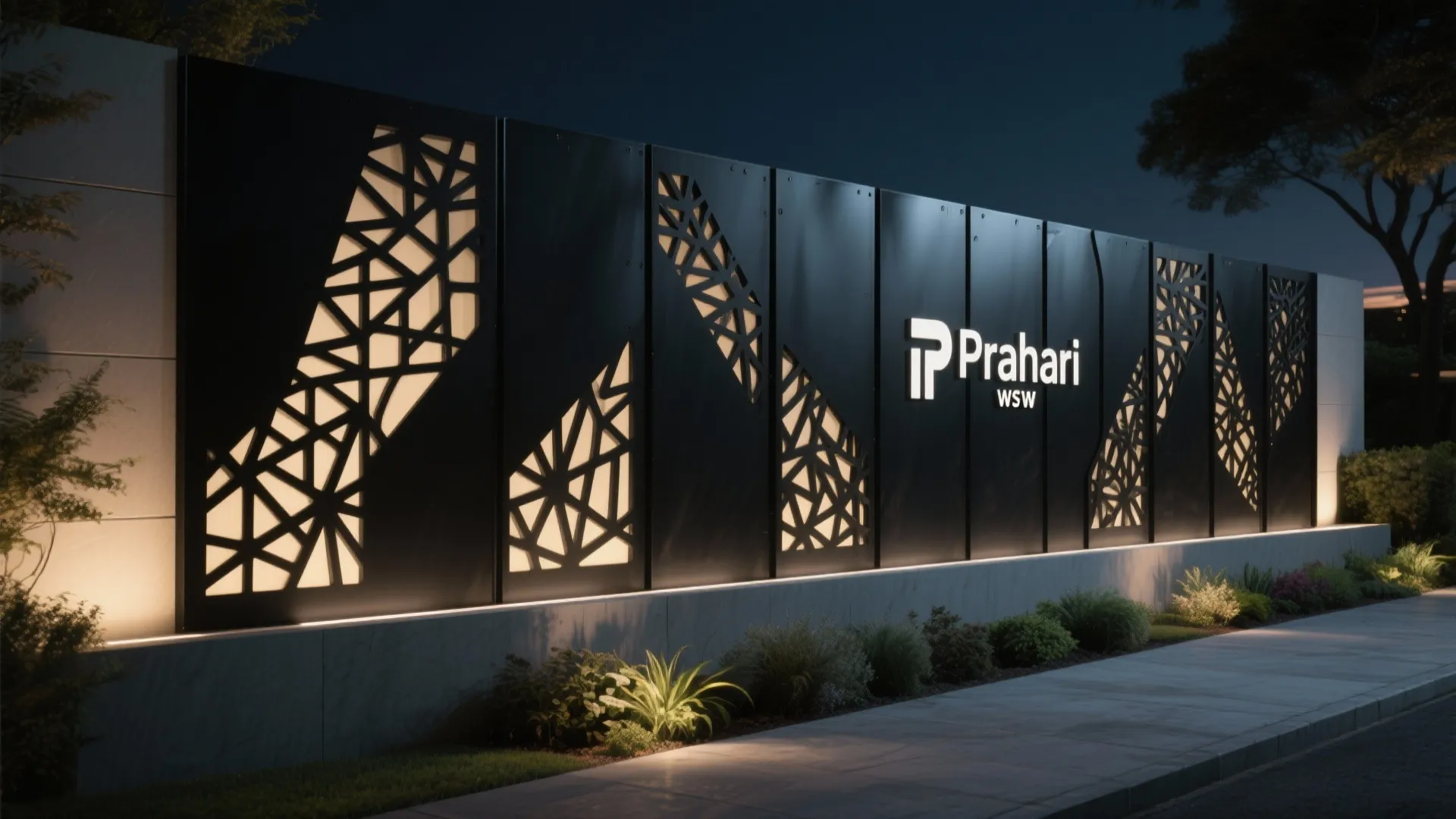Black metal wall with geometric patterns and backlighting showing the brand name in outdoor garden