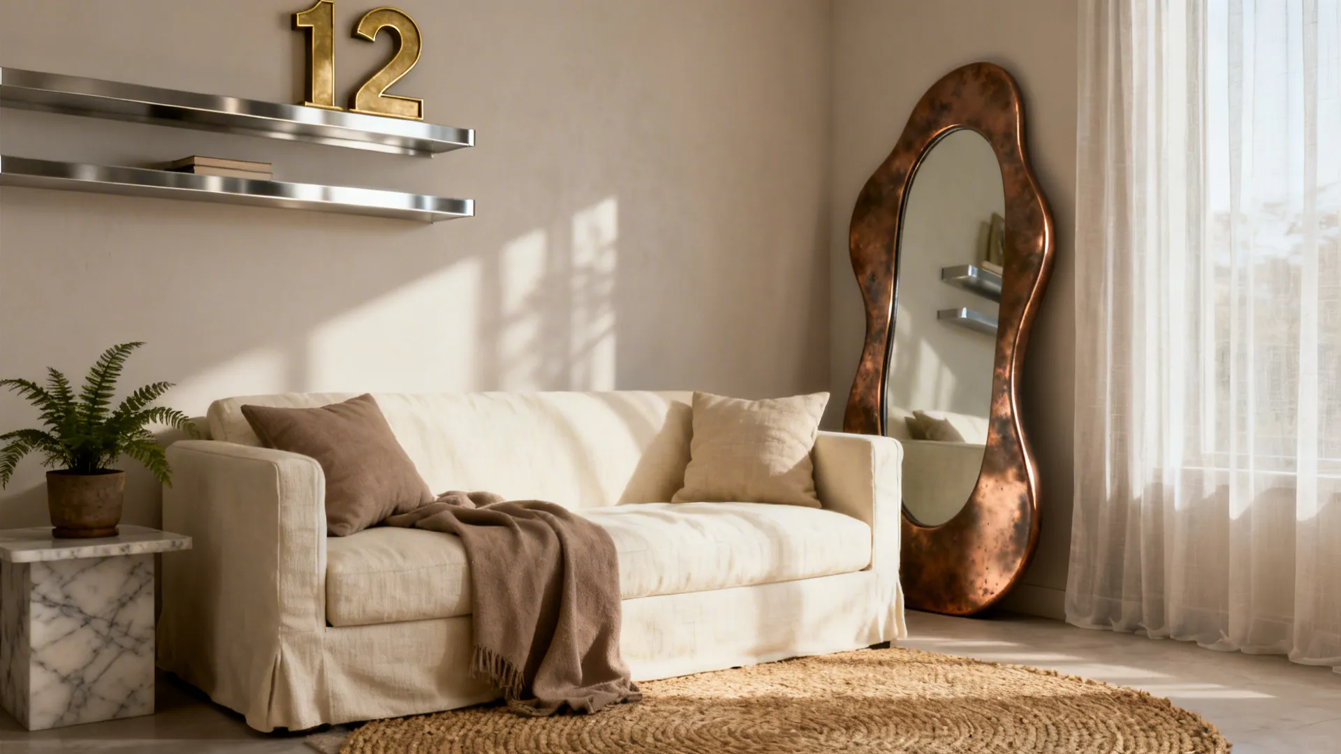 Vignette of a small living room with mixed metal accents and soft textiles illustrating FAQ tips