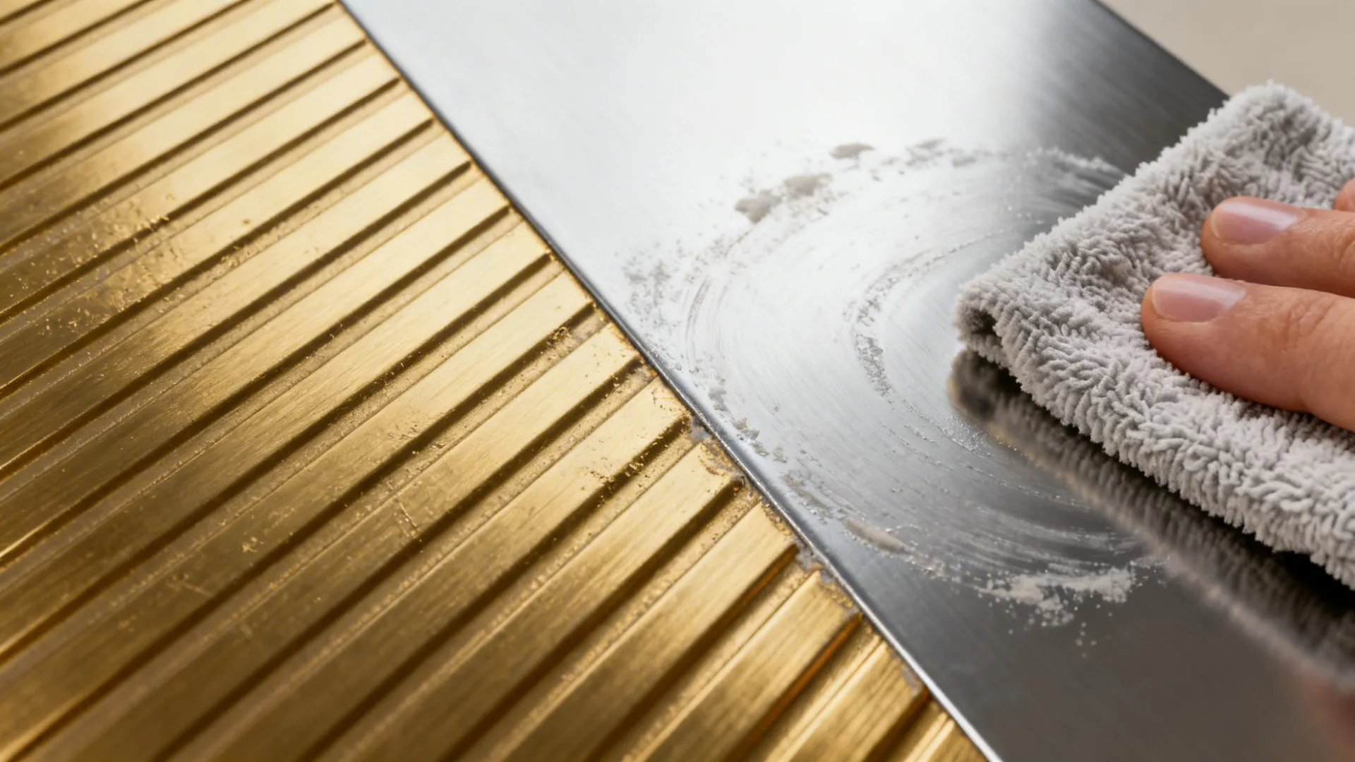 Close-up comparison of brushed gold and matte silver finishes with a microfiber cleaning cloth.