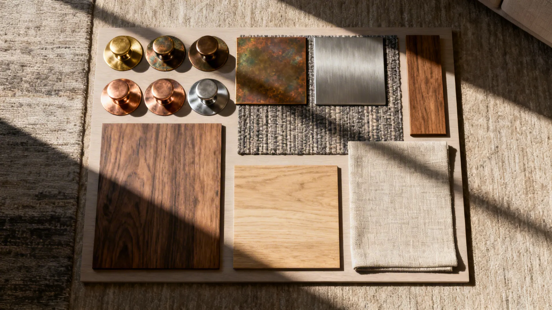 Moodboard with metal finish swatches, wood and fabric samples for living room planning.
