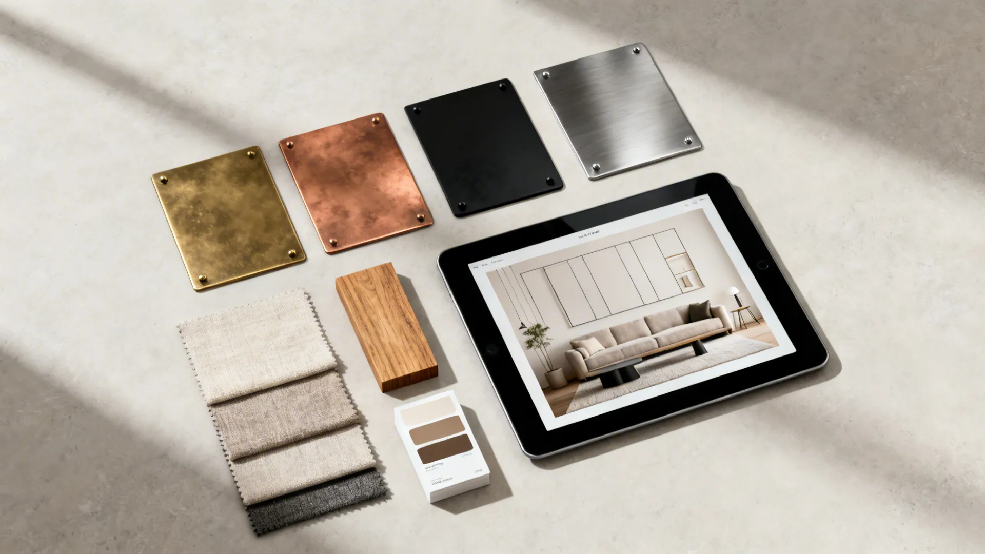 Material flatlay showing metal finish samples, textile swatches, and a tablet mockup for wall planning