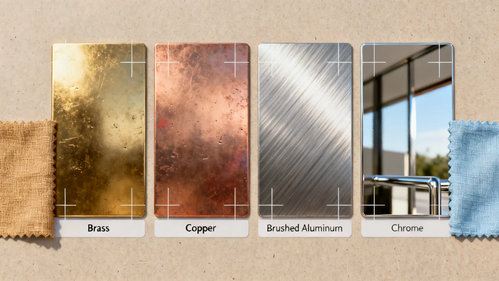 Four metal material swatches labeled brass copper brushed aluminum and chrome with small fabric samples