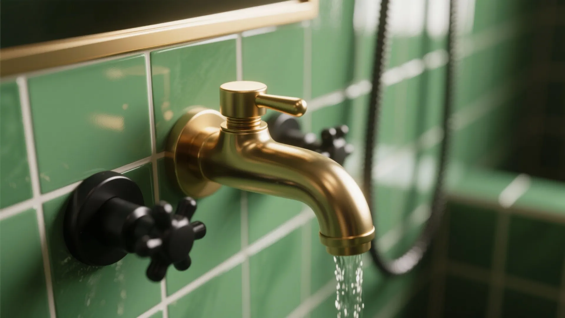 Gold water tap with black handles mounted on green square wall tiles in a bathroom