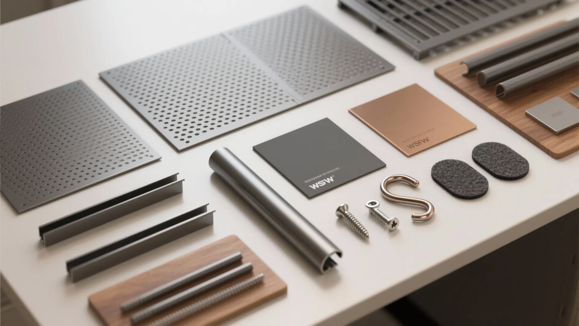 Collection of metal hardware parts including screws hooks and panels for interior design project planning