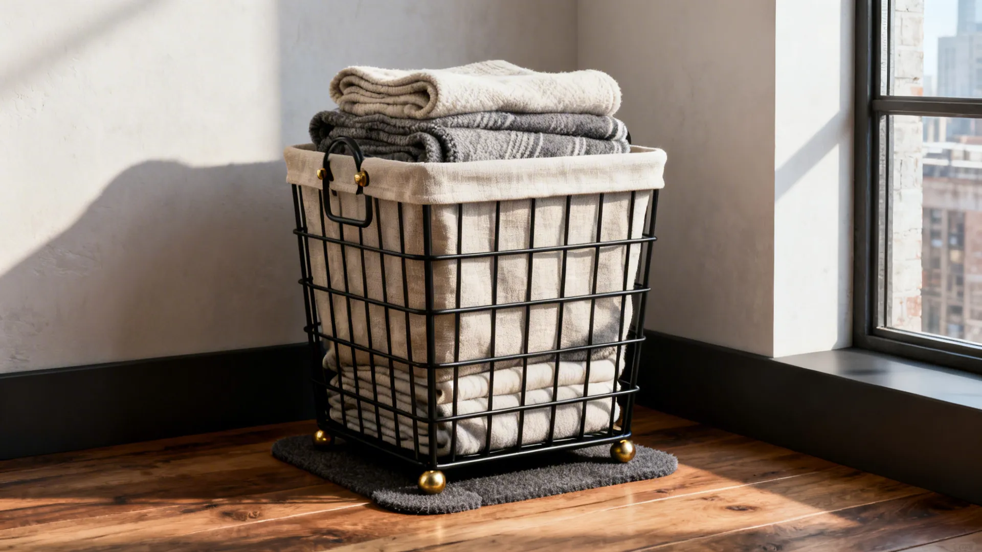 Black metal-framed basket with linen liner in an urban loft holding folded blankets.