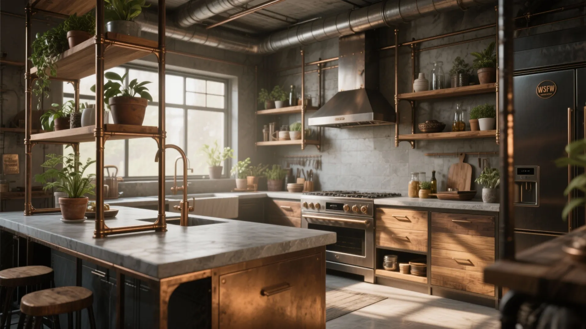 Industrial kitchen with wood cabinets metal pipe shelves stone island sink stove and black fridge