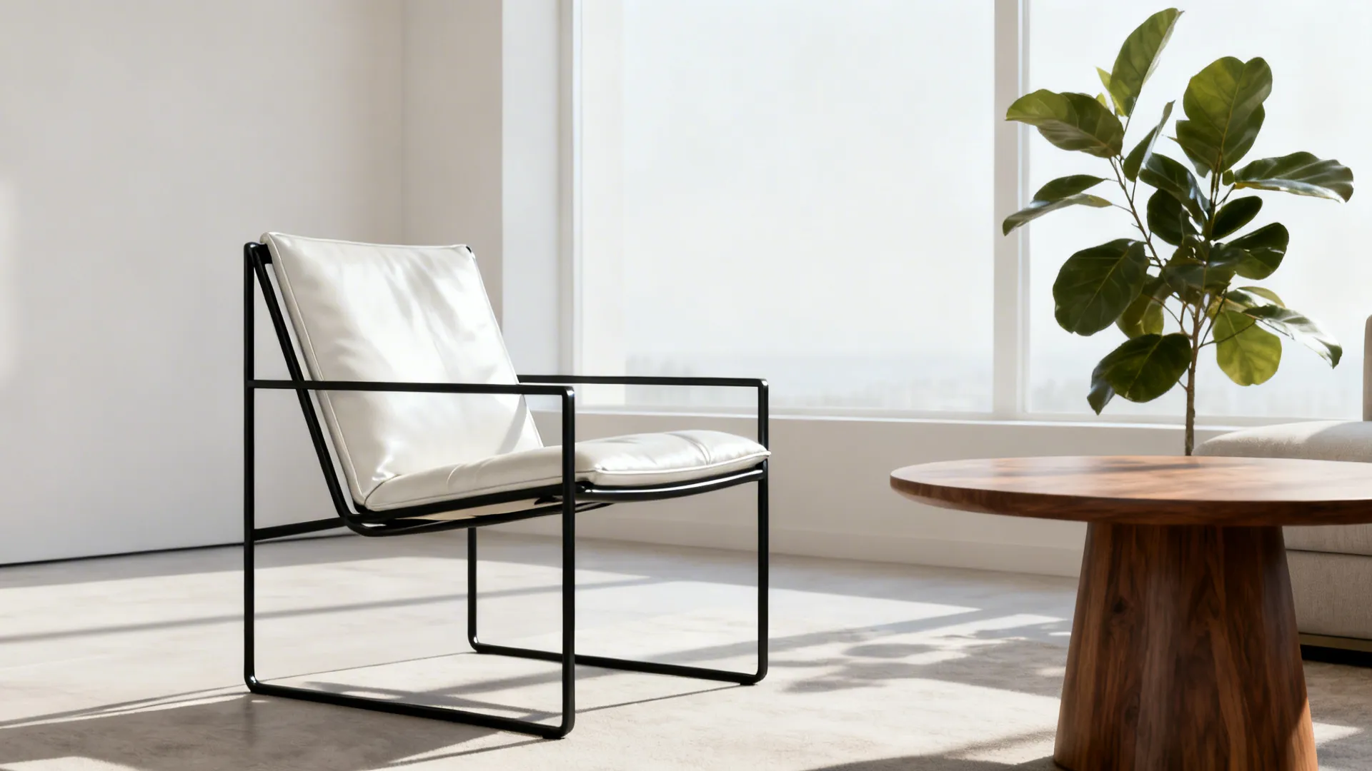 Slim black metal frame accent chair with white seat next to wood side table and plant