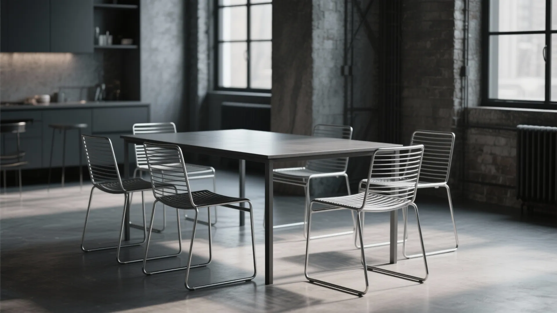 Industrial dining room with metal frame chairs dark wooden table brick walls and large black windows