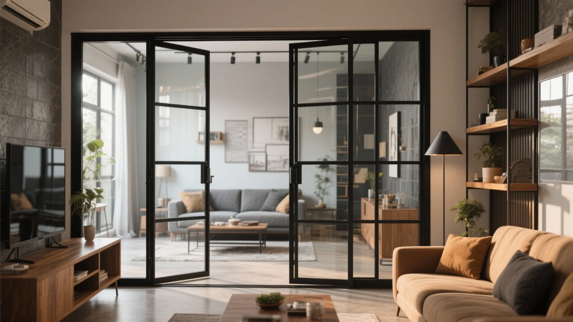 Modern living room with grey sofa and bookshelf seen through open black metal frame glass door