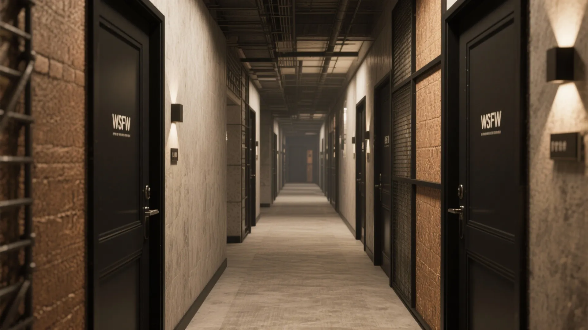 Industrial style hallway with black doors brick walls metal mesh panels and small wall lights